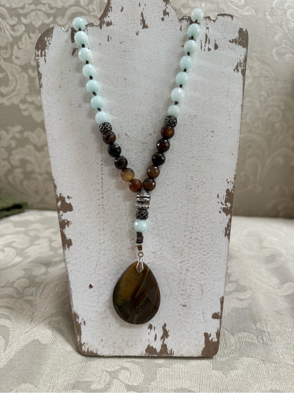 Amazonite & Tiger Eye Teardrop Pendant Necklace